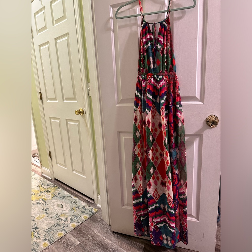 Anthropologie bright geometric print summer maxi dress summer wedding guest